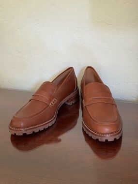 Madewell Lug Sole Penny Loafers Cognac Leather Size 8 Chunky Preppy